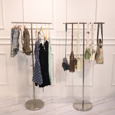 T Shape Metal Retail Display Round Base Adjustable Height SS Display Rack For Clothing