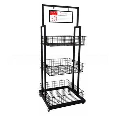 Wheeled Supermarket Metal Retail Display Racks Steel 3 Tier Display Stand