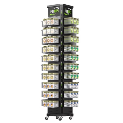 Custom 4-Sided Metal Display Rotating Pegboard Stand Rack with Wheels and Hooks