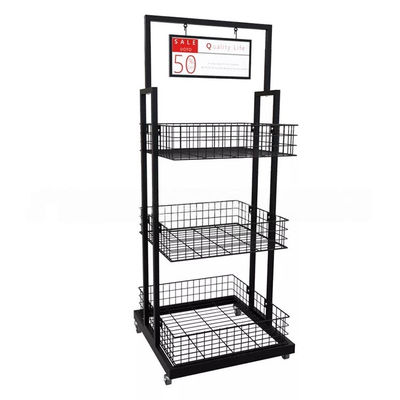 Wheeled Supermarket Metal Retail Display Racks Steel 3 Tier Display Stand